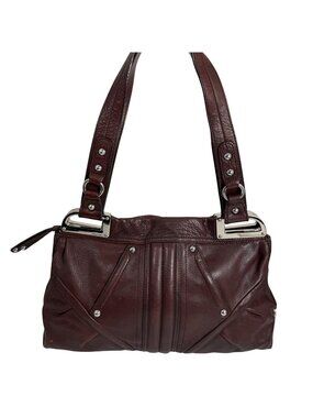 B. Makowsky Fine Genuine Leather Brown Studded Double Handle Shoulder Bag